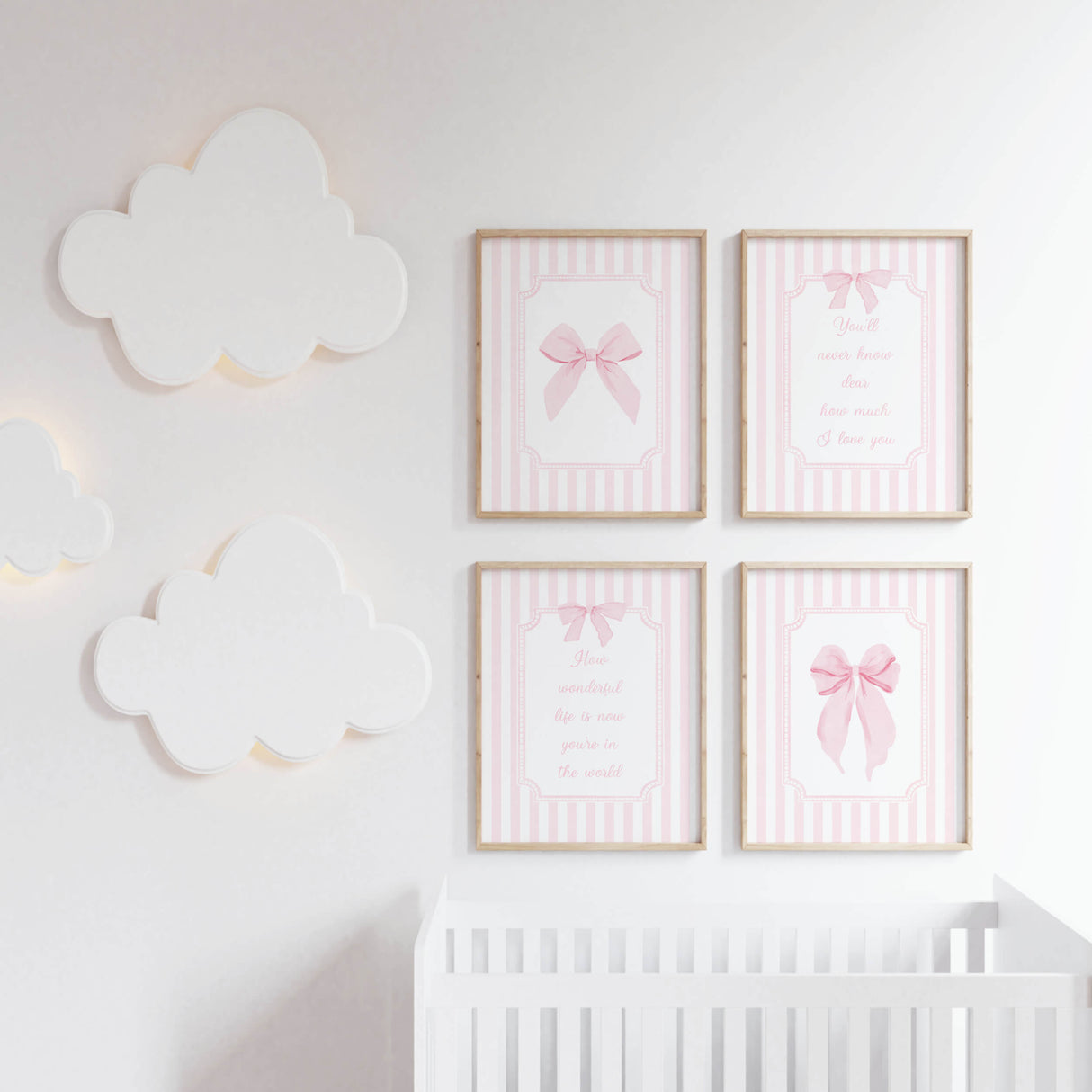 Pink vintage bow and quote nursery wall art printable with striped background and bows