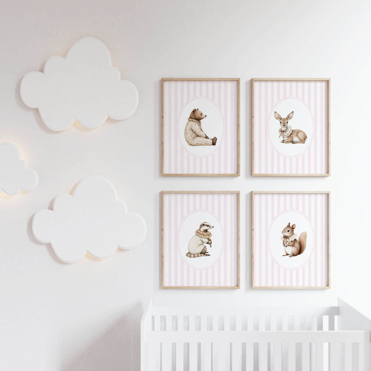 Watercolor vintage forest animal on pink striped background print for baby girls room decor, striped nursery decor, beige pink nursery decor, rococo nursery decor, luxury nursery decor, cottagecore nursery decor, baroque nursery decor, includes animals: deer, bear, squirrel, badger.