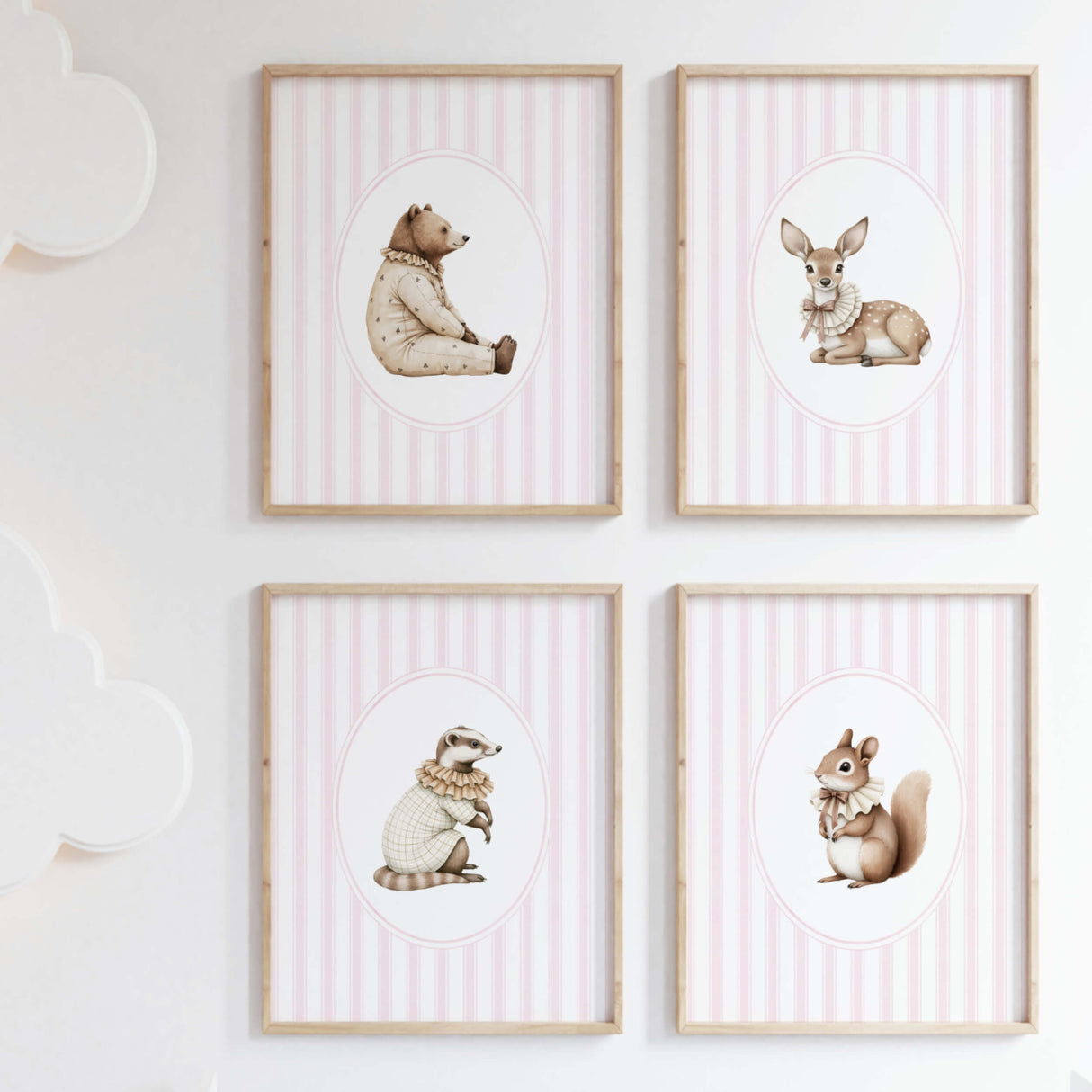 Watercolor vintage forest animal on pink striped background print for baby girls room decor, striped nursery decor, beige pink nursery decor, rococo nursery decor, luxury nursery decor, cottagecore nursery decor, baroque nursery decor, includes animals: deer, bear, squirrel, badger.