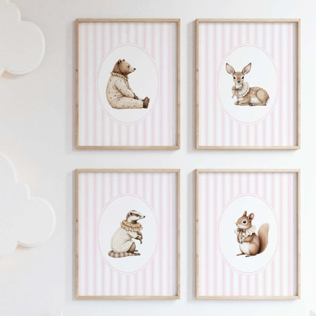 Watercolor vintage forest animal on pink striped background print for baby girls room decor, striped nursery decor, beige pink nursery decor, rococo nursery decor, luxury nursery decor, cottagecore nursery decor, baroque nursery decor, includes animals: deer, bear, squirrel, badger.