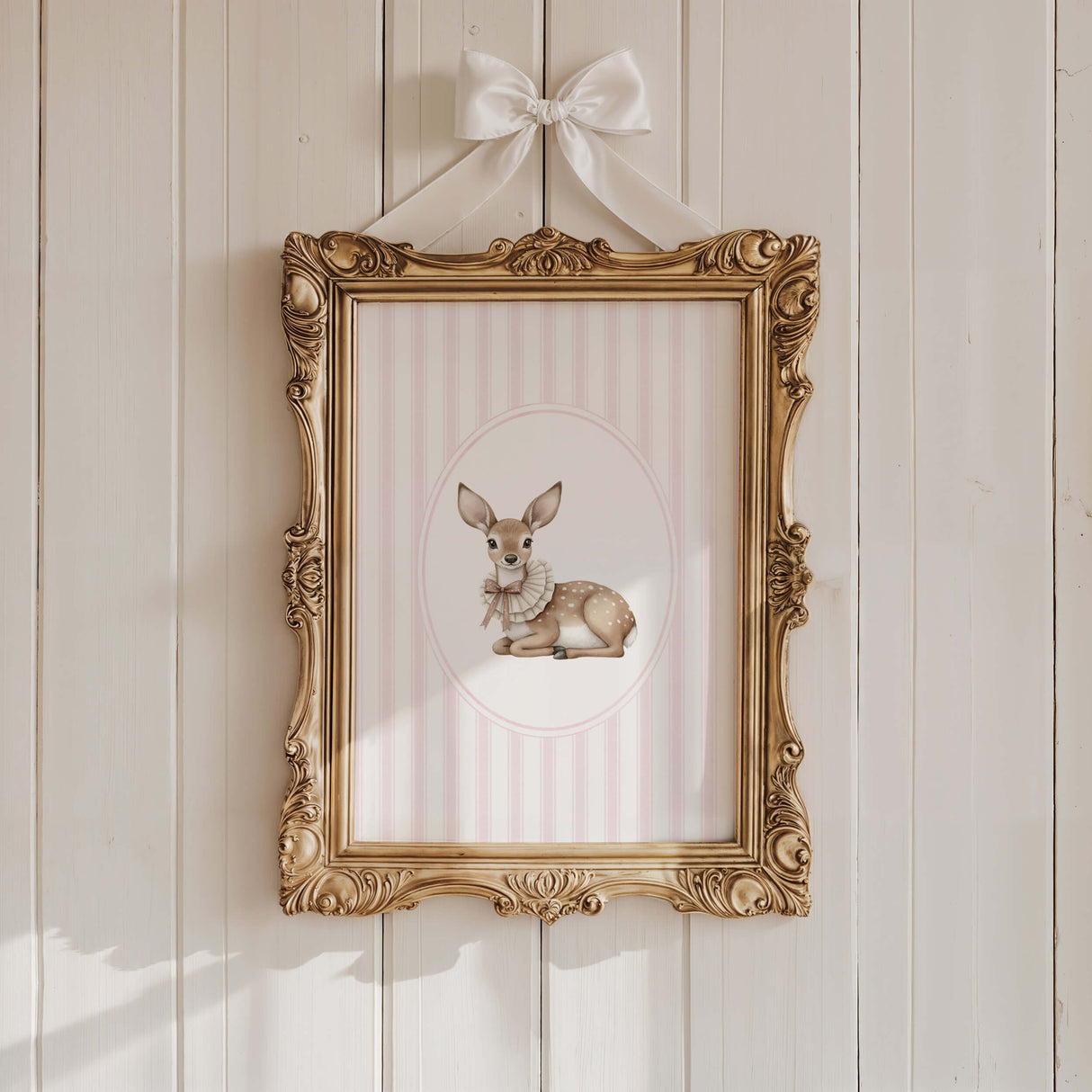 Watercolor vintage doe on pink striped background print for baby girls room decor, striped nursery decor, beige pink nursery decor, rococo nursery decor, luxury nursery decor, cottagecore nursery decor, baroque nursery decor, includes animals: deer, bear, squirrel, badger.