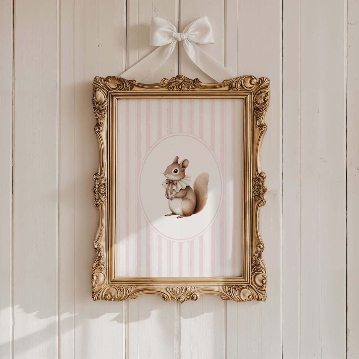 Watercolor vintage squirrel on pink striped background print for baby girls room decor, striped nursery decor, beige pink nursery decor, rococo nursery decor, luxury nursery decor, cottagecore nursery decor, baroque nursery decor, includes animals: deer, bear, squirrel, badger.