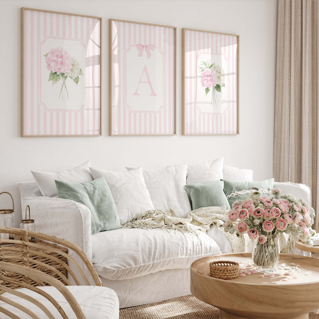 Baby girl hydrangea nursery wall art pink striped floral prints with bows and alphabet letters