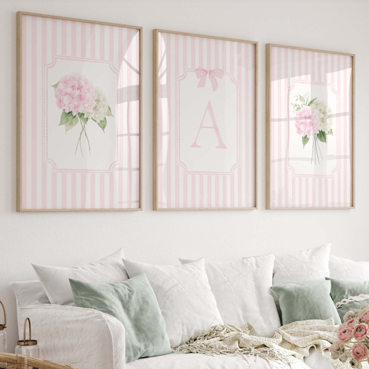 Pink striped hydrangea nursery wall art printable with bows and initial letters gallery wall