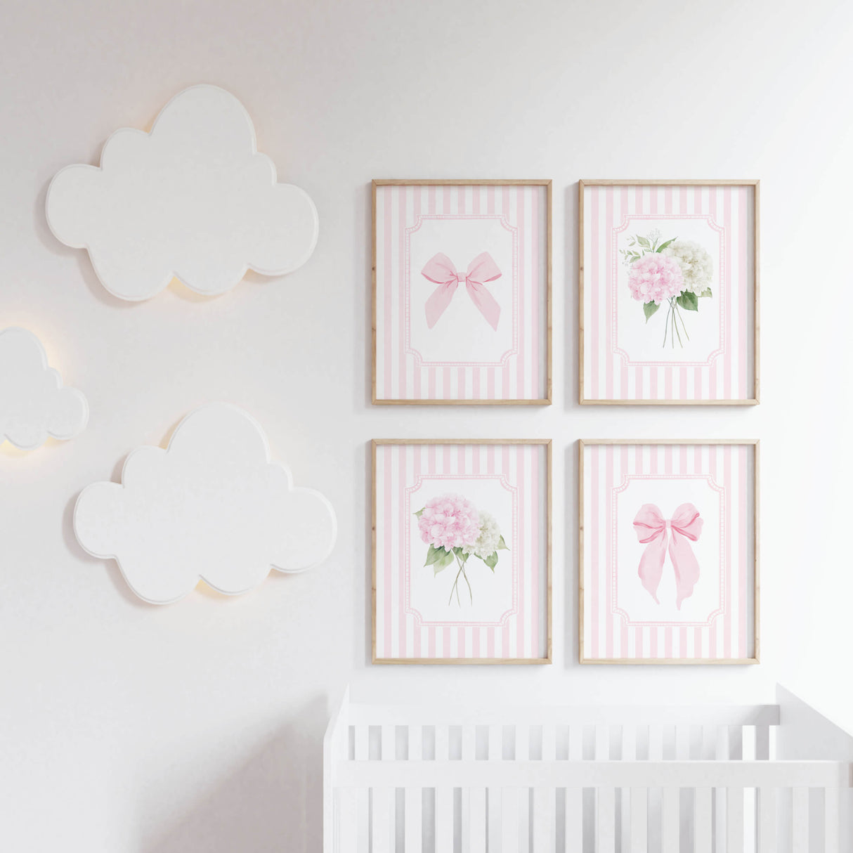 Pink cottagecore hydrangea nursery printable wall art with floral illustrations