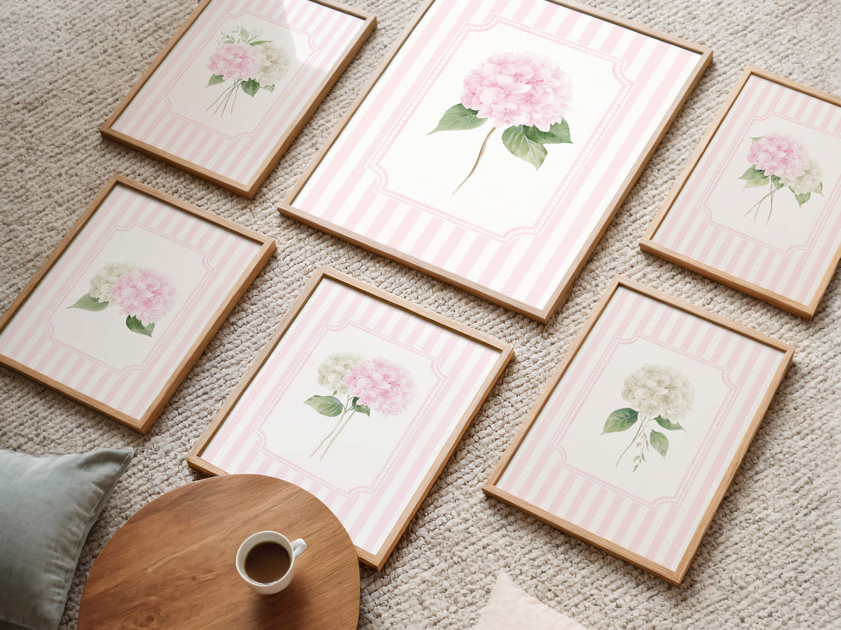 Pink cottagecore hydrangea nursery printable wall art with floral illustrations