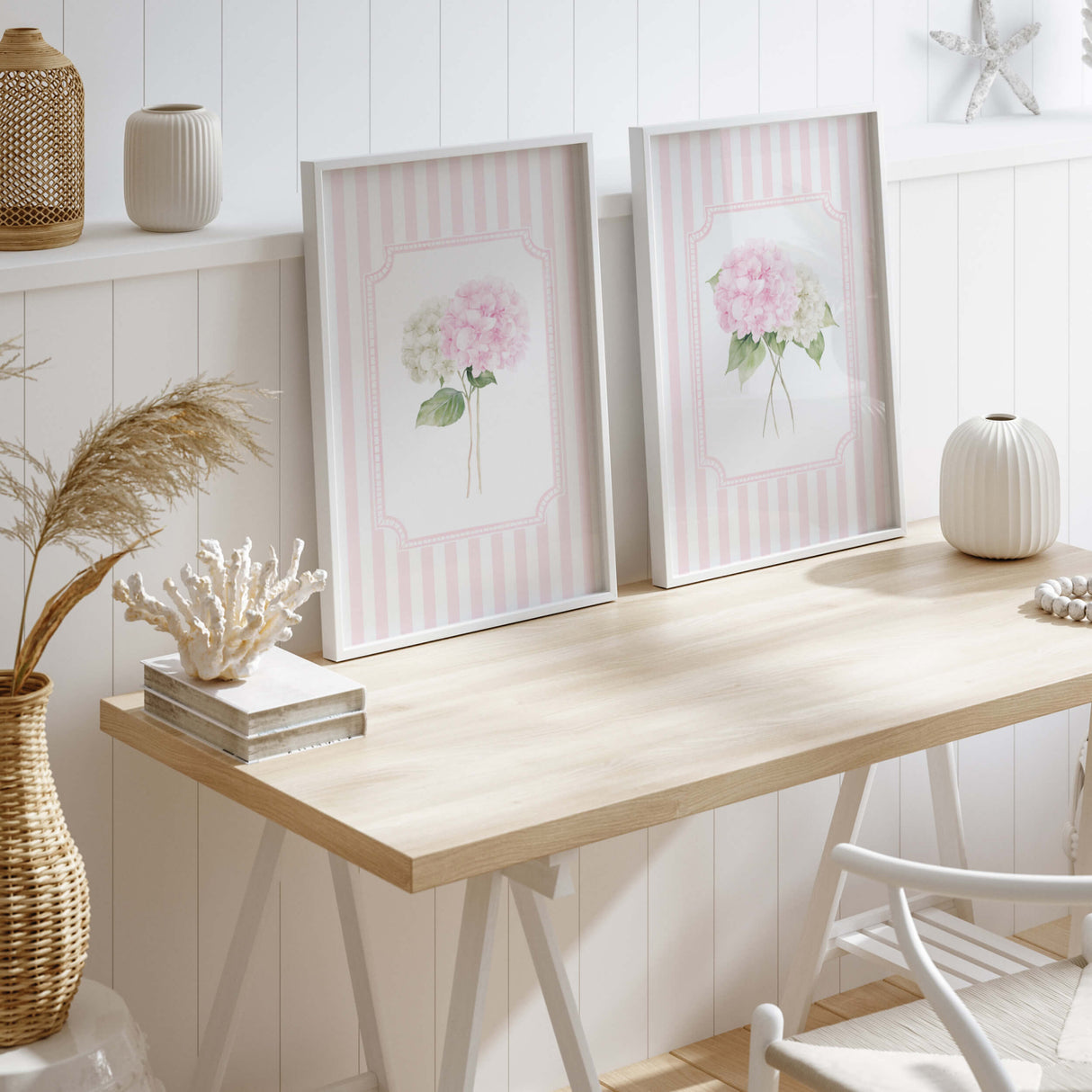 Pink striped hydrangea nursery wall art printable