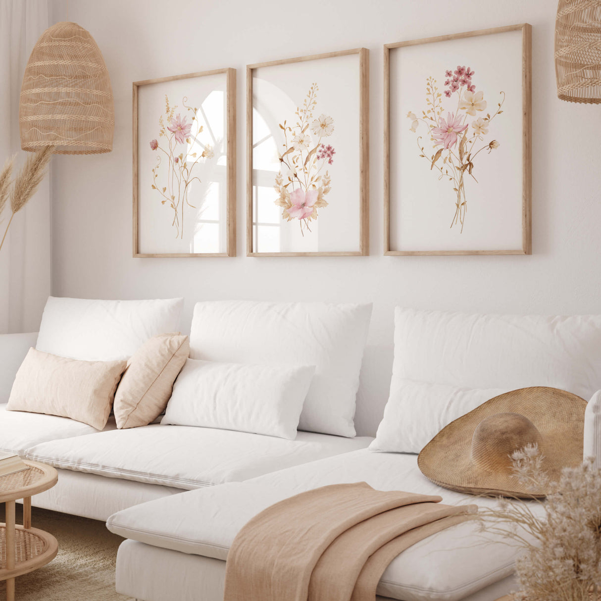 Watercolor pink beige wildflower printable for neutral home decor and spring wall decor.