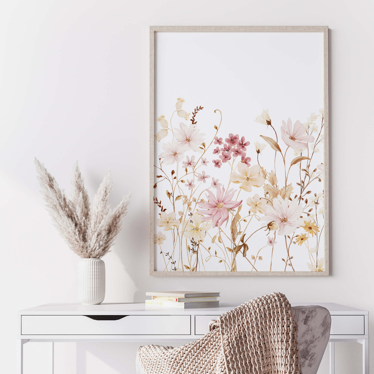 Watercolor yellow and light pink wildflower printable for spring and autumn home decor.