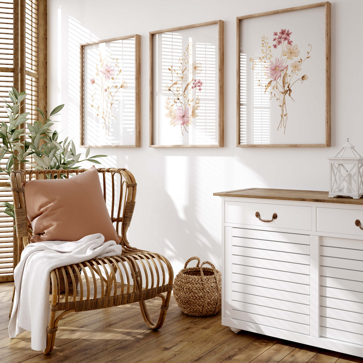 Watercolor pink beige wildflower poster for neutral home decor and pink wall decor, spring home decor.