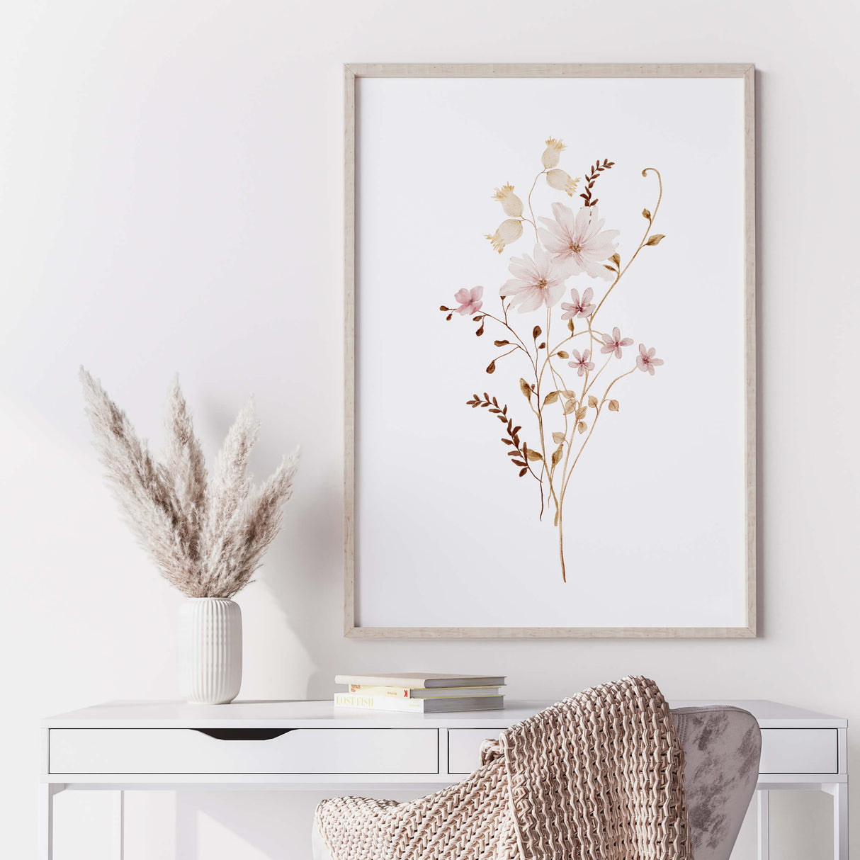 Set of 3 watercolor beige light pink floral print for spring home decor.