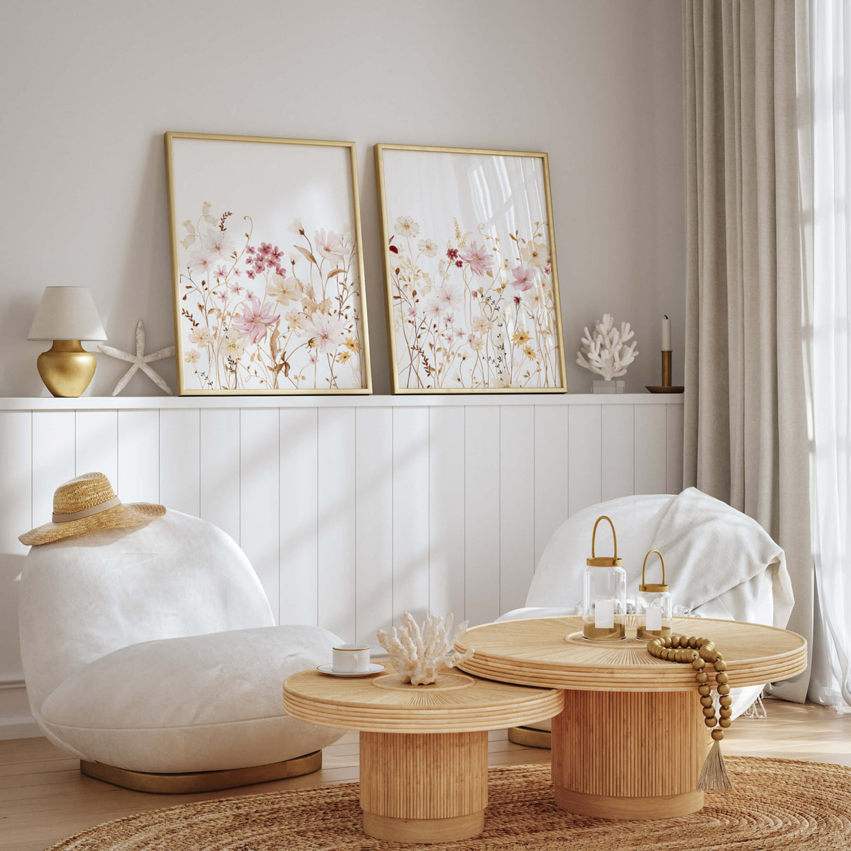 Watercolor yellow and light pink wildflower print for spring and autumn home decor.