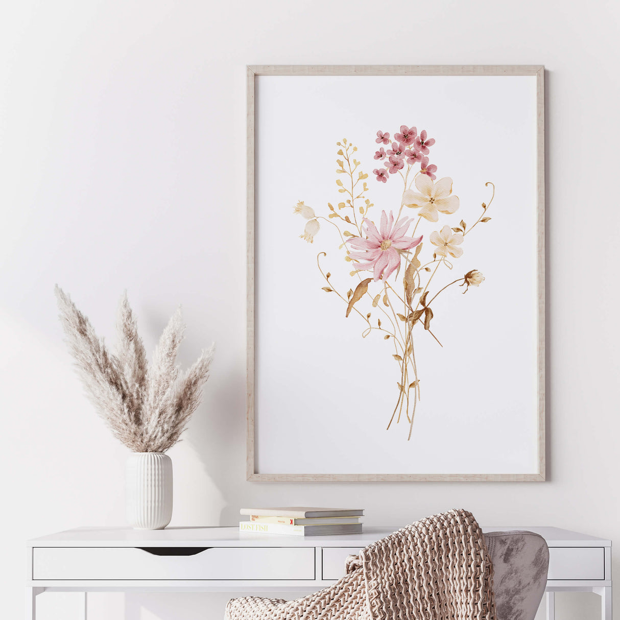 Watercolor pink beige yellow wildflower print for neutral home decor and beige white wall decor.