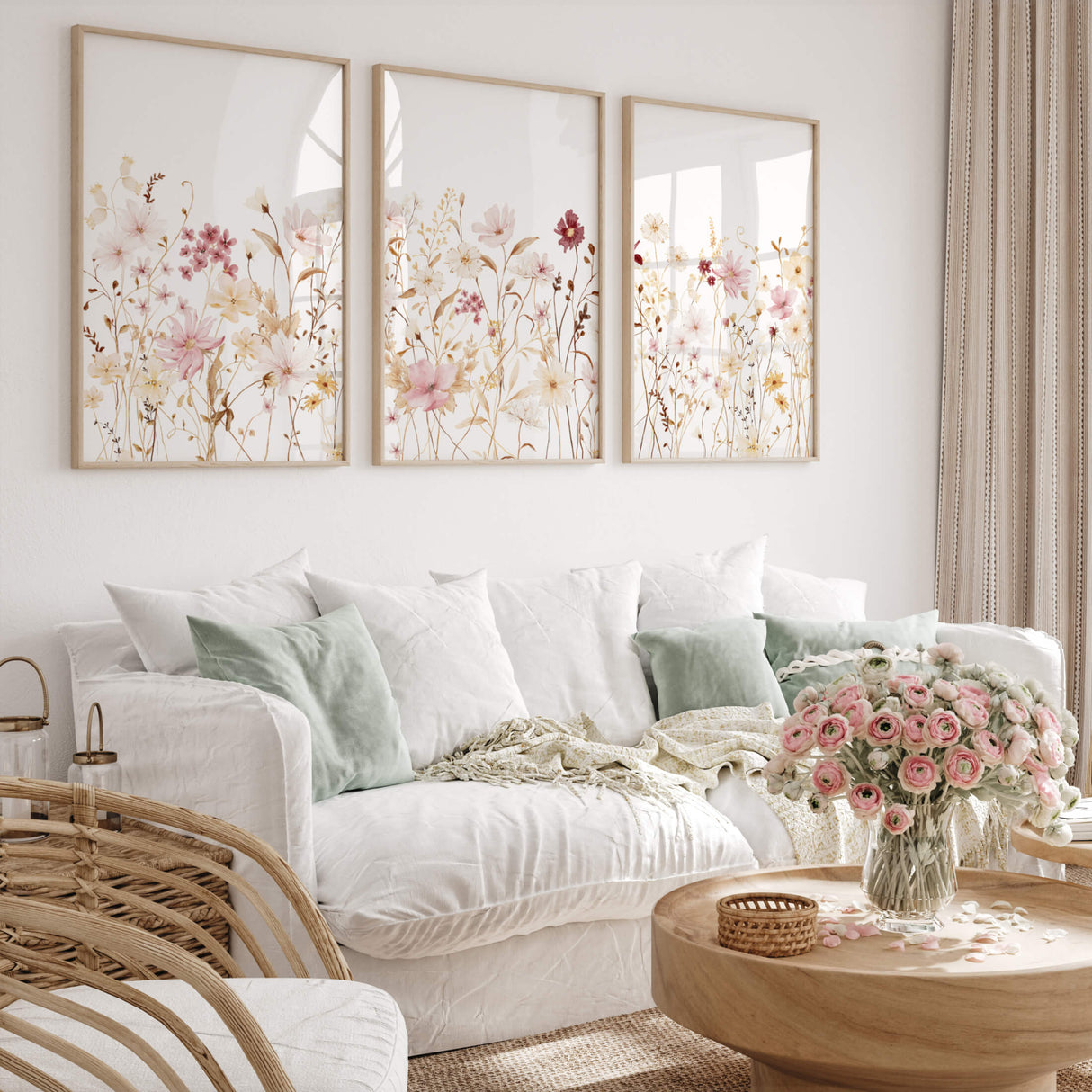 Watercolor yellow and light pink wildflower print for spring and autumn home decor.