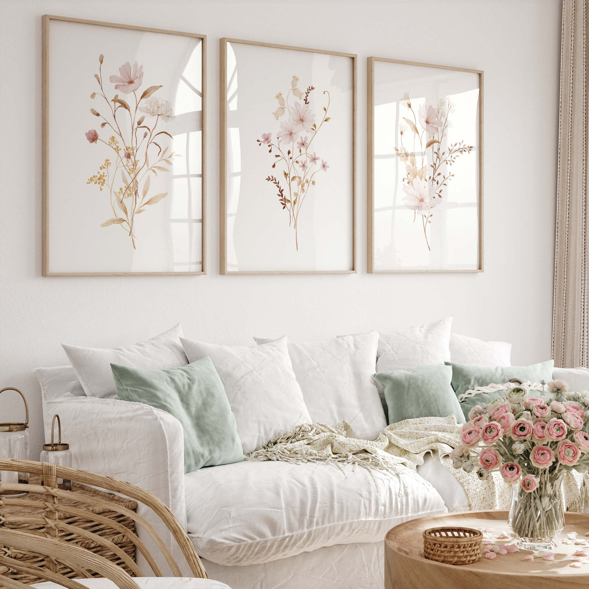 Set of 3 watercolor beige light pink flower printable for spring home decor.