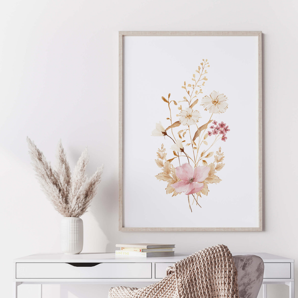 Watercolor pink beige wildflower print for neutral home decor and beige white wall decor.