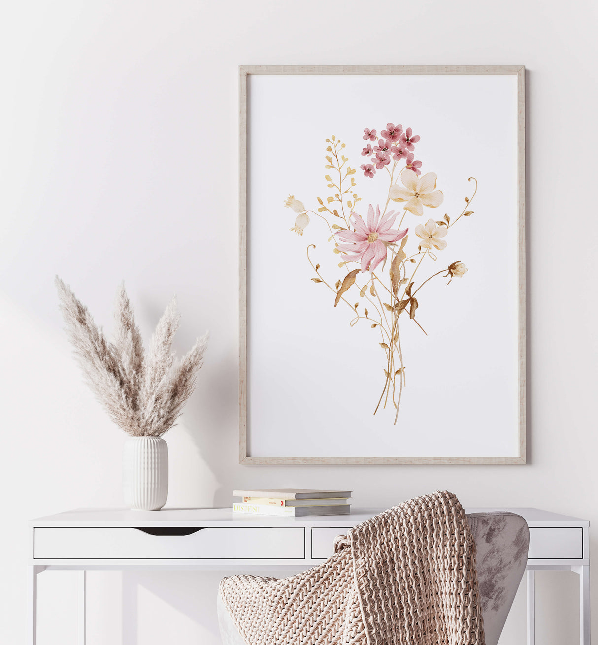 Watercolor pink flower print for neutral home decor and beige white wall decor.