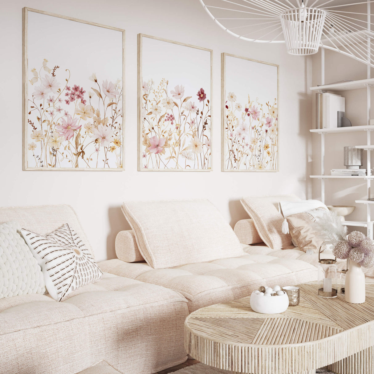 Set of 3 watercolor yellow and light pink wildflower print for spring and autumn home decor.