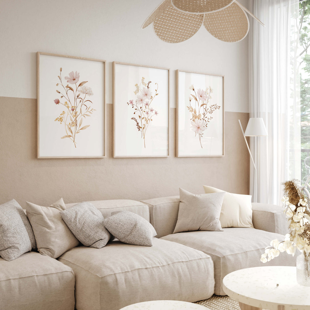 Set of 3 watercolor beige light pink flower print for flower home decor.