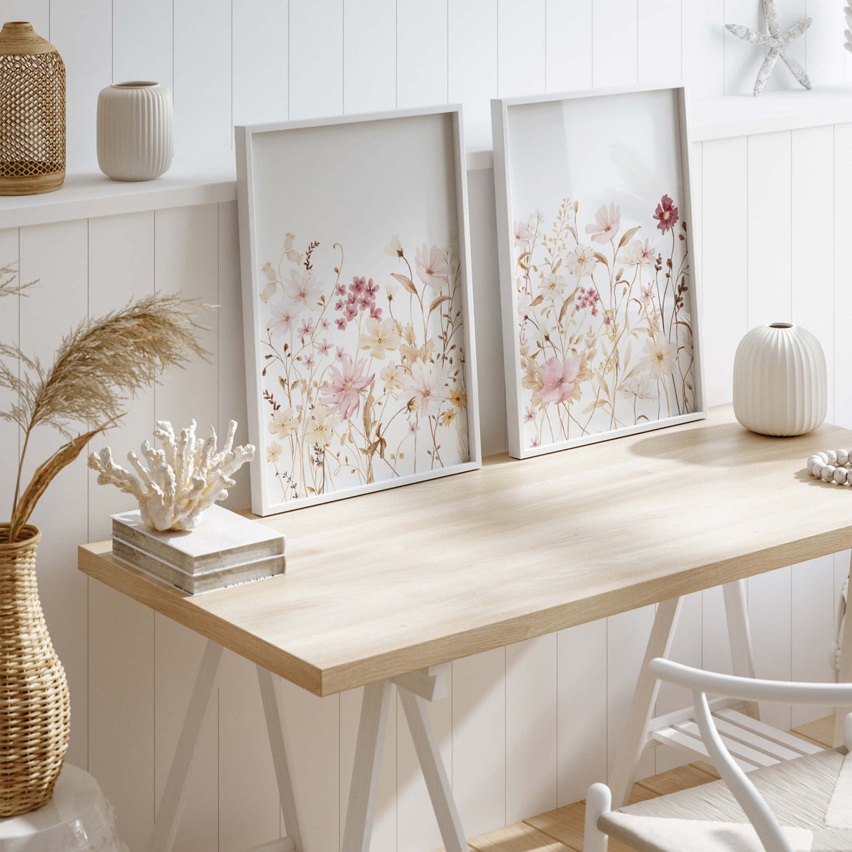 Watercolor yellow and light pink wildflower print for spring and autumn home decor.