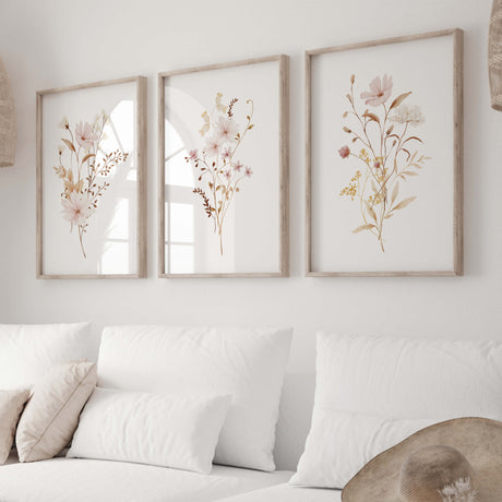 Set of 3 watercolor beige light pink wildflower printable for spring home decor.