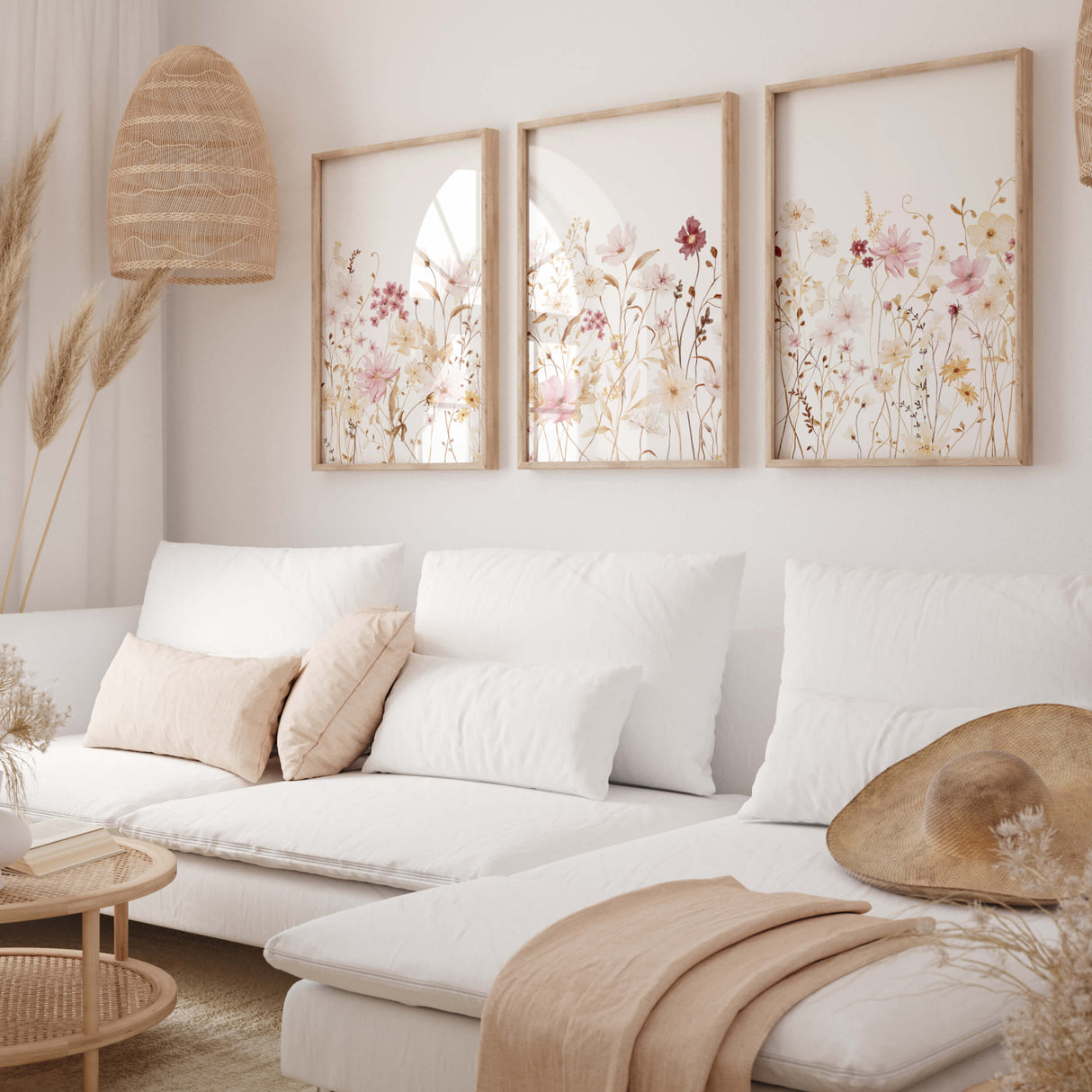 Watercolor yellow and light pink flower print for spring and autumn home decor.