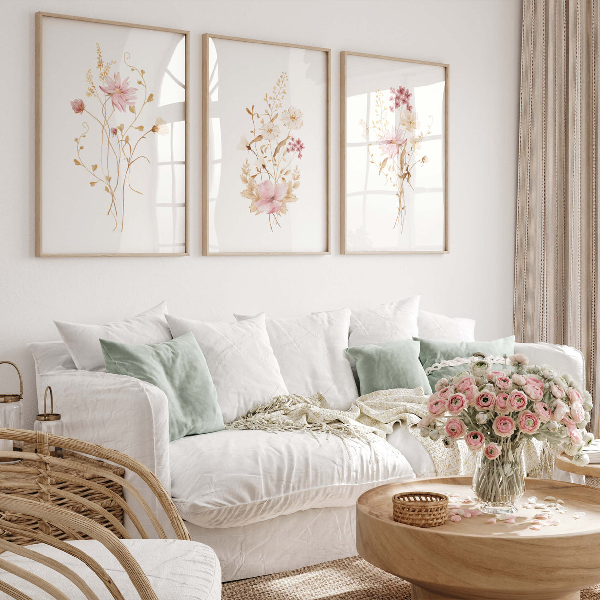 Watercolor pink beige wildflower print for pink home decor.