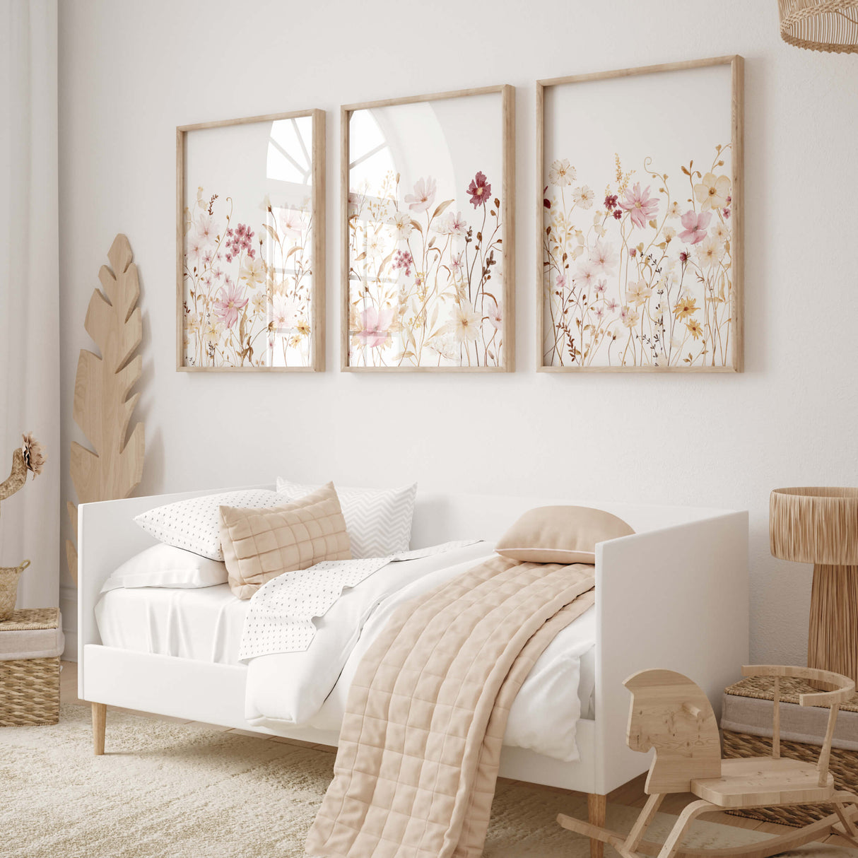 Set of 3 watercolor yellow and light pink wildflower poster for spring and autumn home decor.