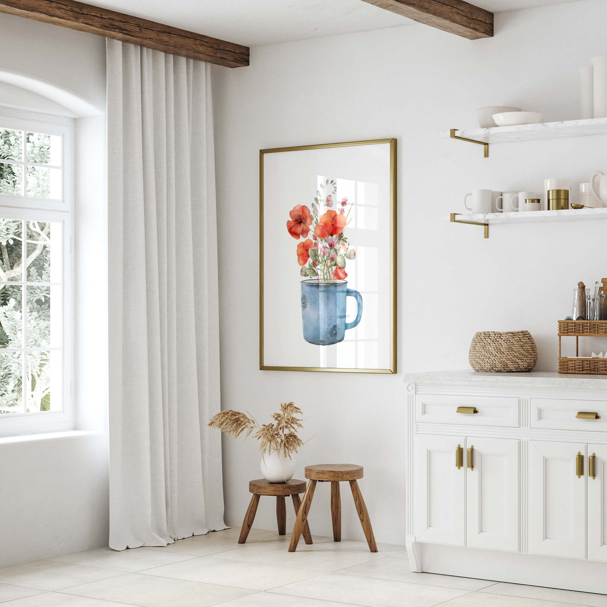 Watercolor poppy flower poster for spring home decor.