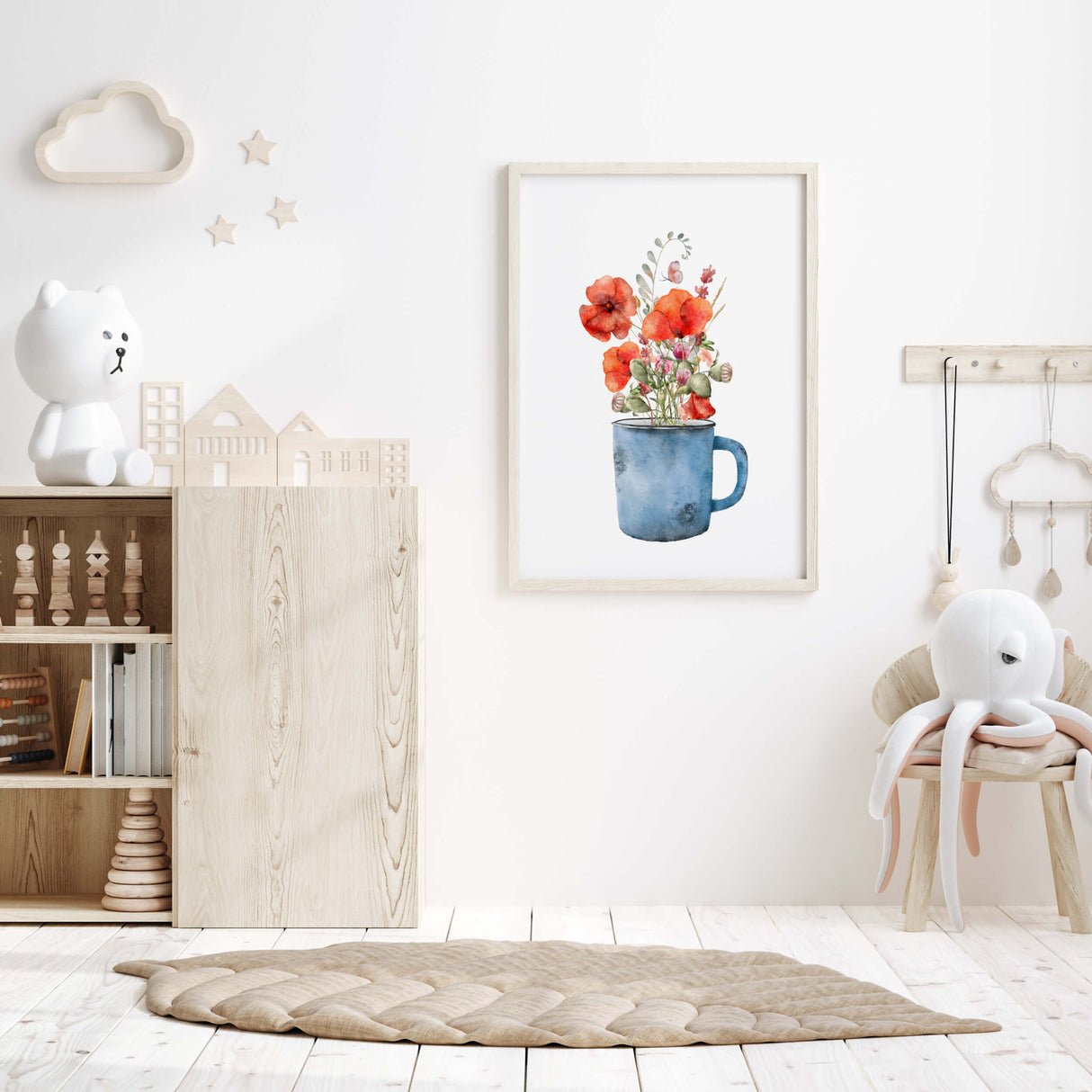 Watercolor poppy flower print for spring home decor.