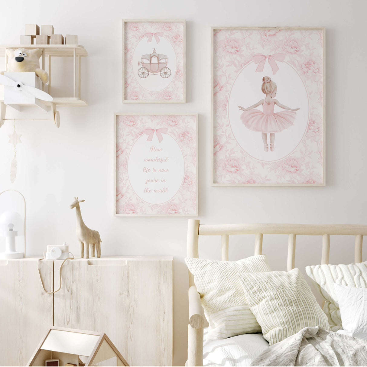 pink nursery art prints with ballerina dress swan carriage and motivational quotes