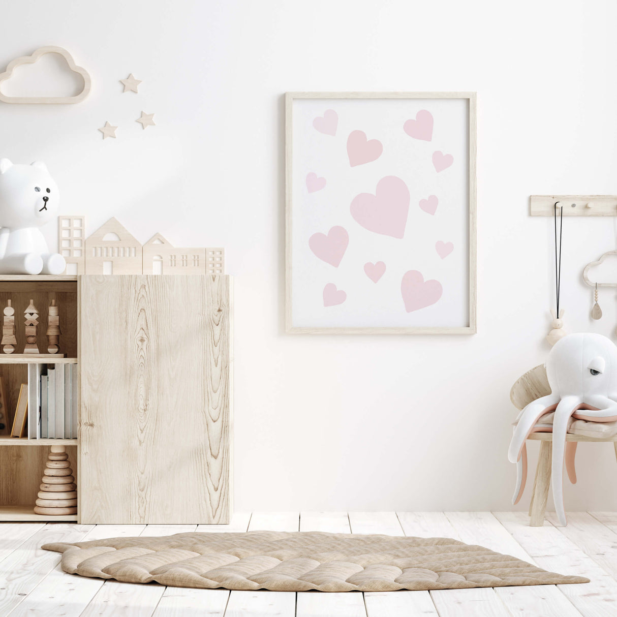 Watercolor light pink hearts print for valentine's day decor, pink home decor, red home decor, love home decor, pink nursery decor.