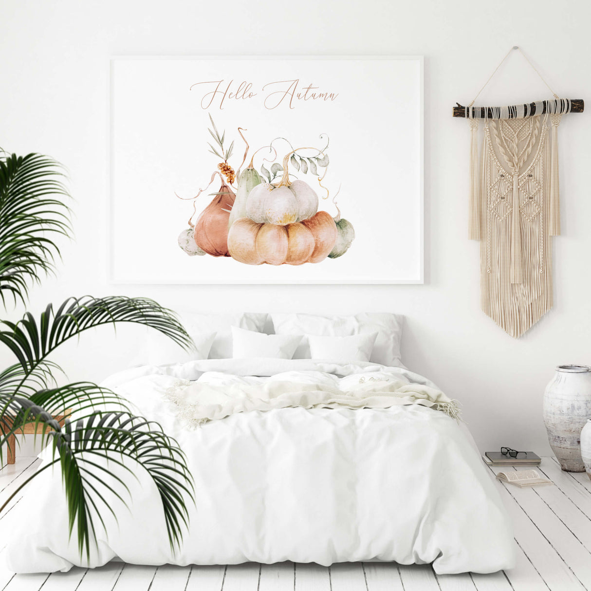 Watercolor pumpkin print with hello autumn quote and white, green, orange pumpkin for boho seasonal home decor.