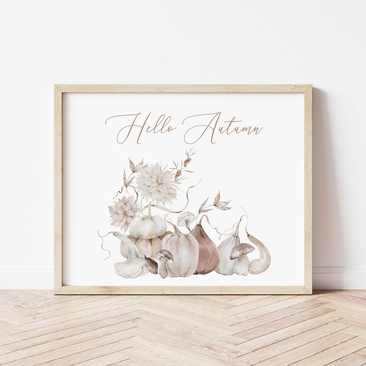Beige white pumpkin and fall flower printable for neutral autumn home decor.