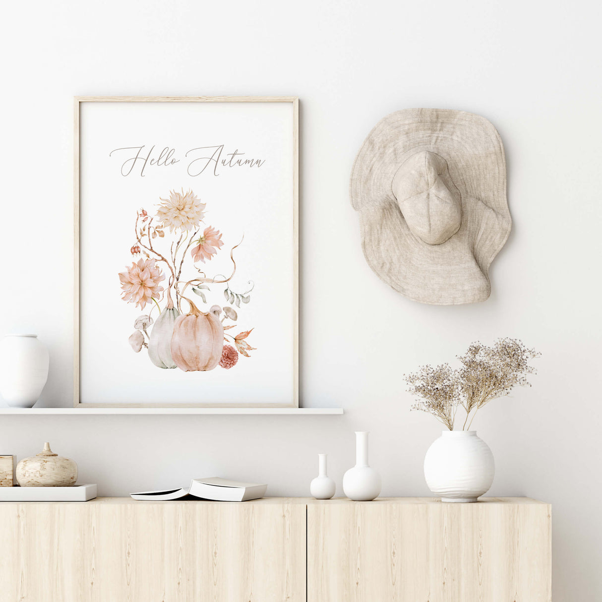 Watercolor fall printable with white, peach, pink pumpkin, flowers and hello autumn quote for neutral autumn decor.