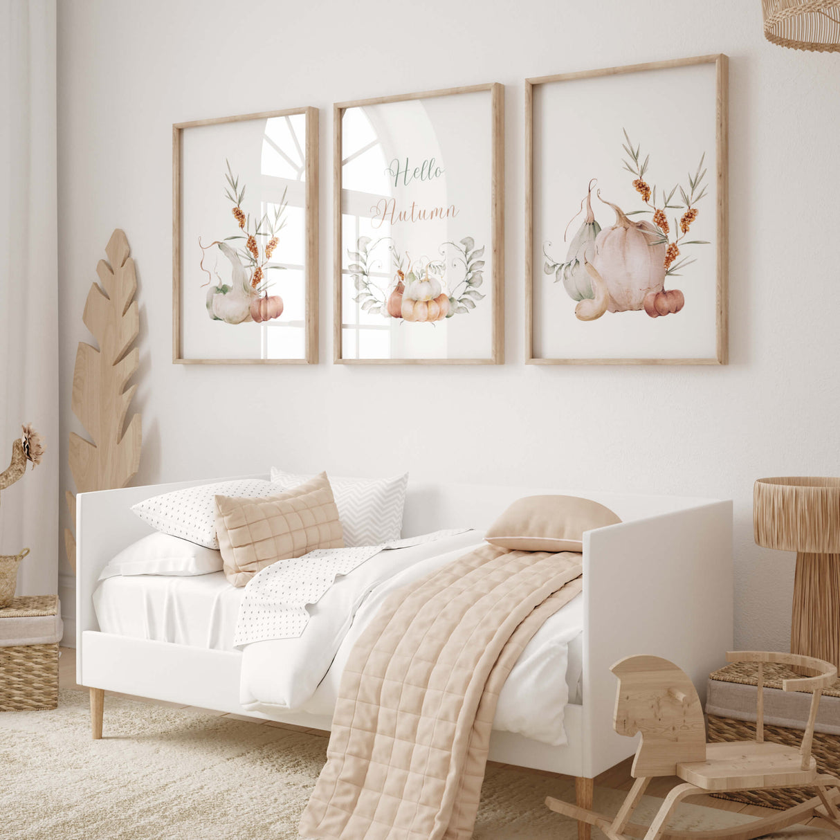 Set of 3 watercolor pastel fall printable with pumpkins, flower and hello autumn quote print for autumn home decor.