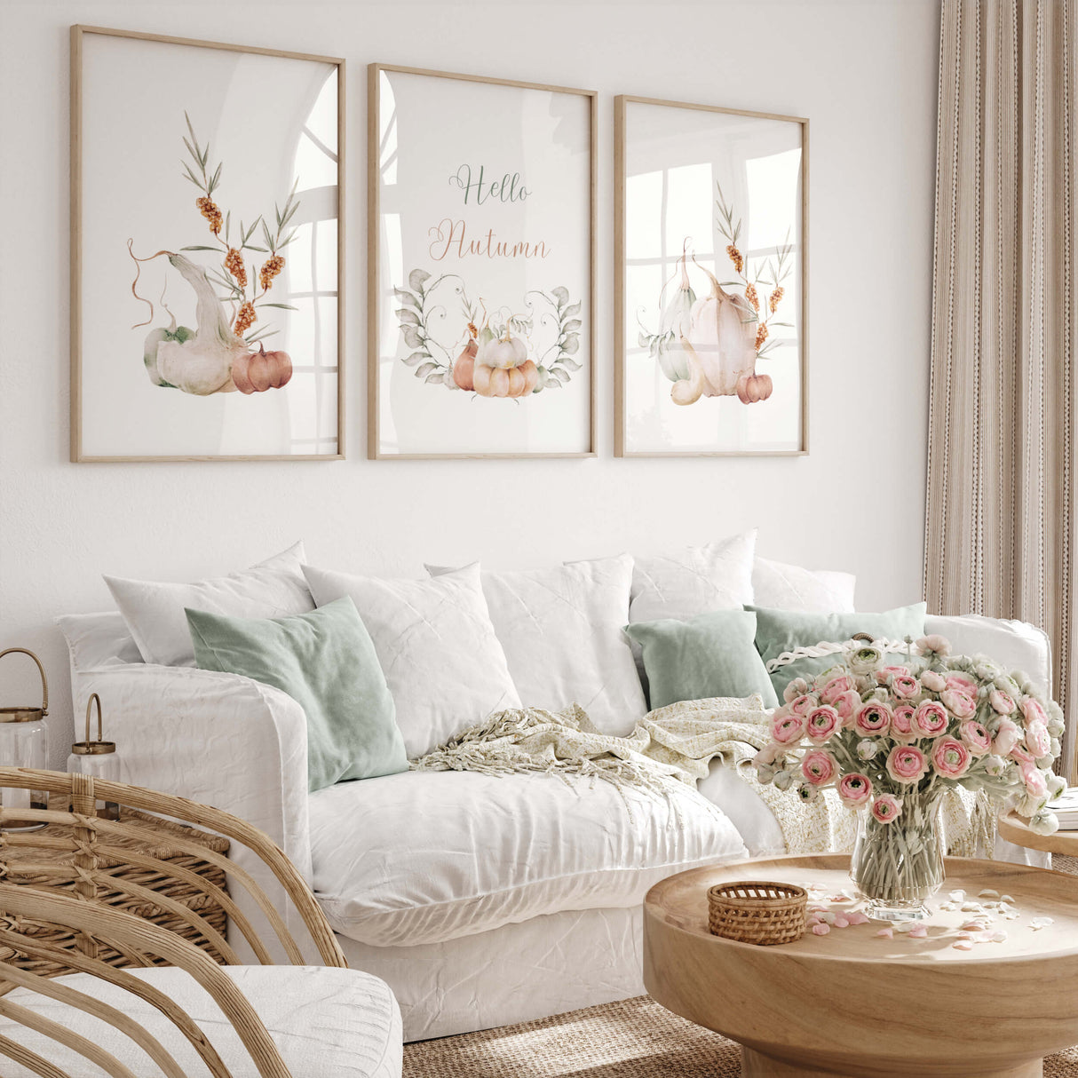 Set of 3 watercolor pastel fall print with pumpkins, flower and hello autumn quote print for autumn home decor.