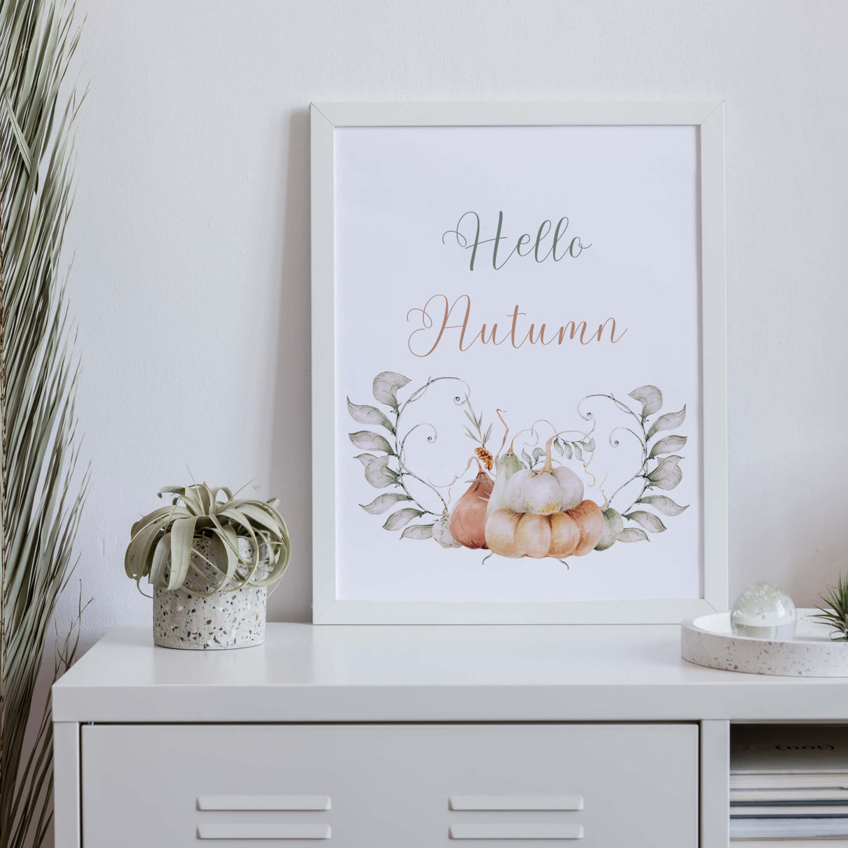 Set of 3 watercolor pastel fall printable with pumpkins, flower and hello autumn quote print for scandinavian autumn home decor.