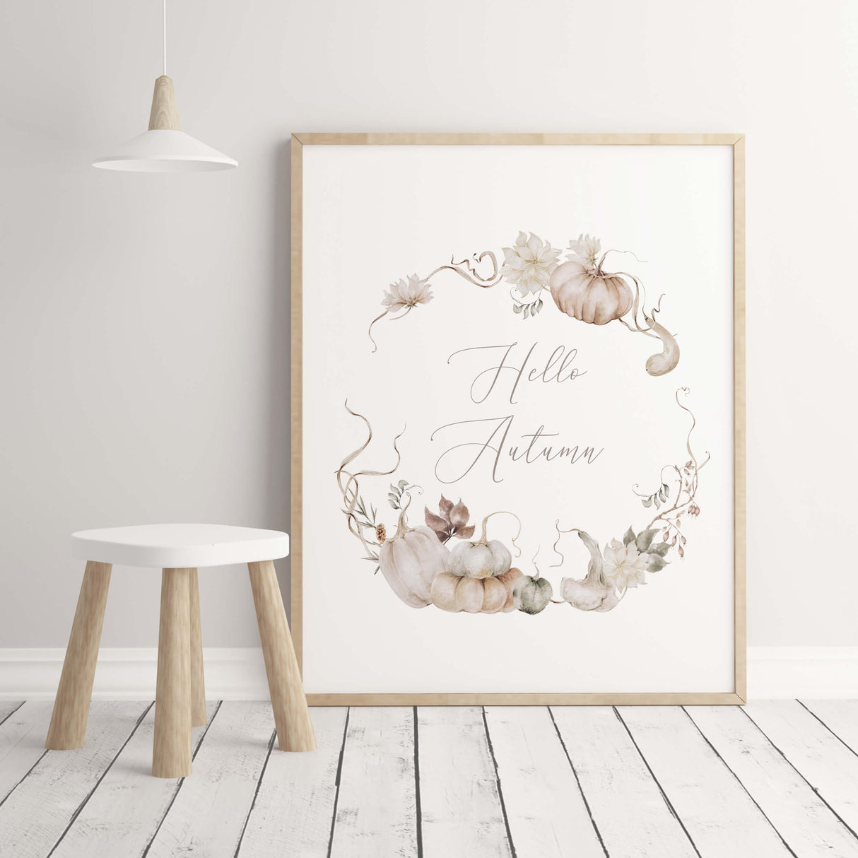 Watercolor beige pumpkin wreath printable with hello autumn quote for neutral autumn home decor.