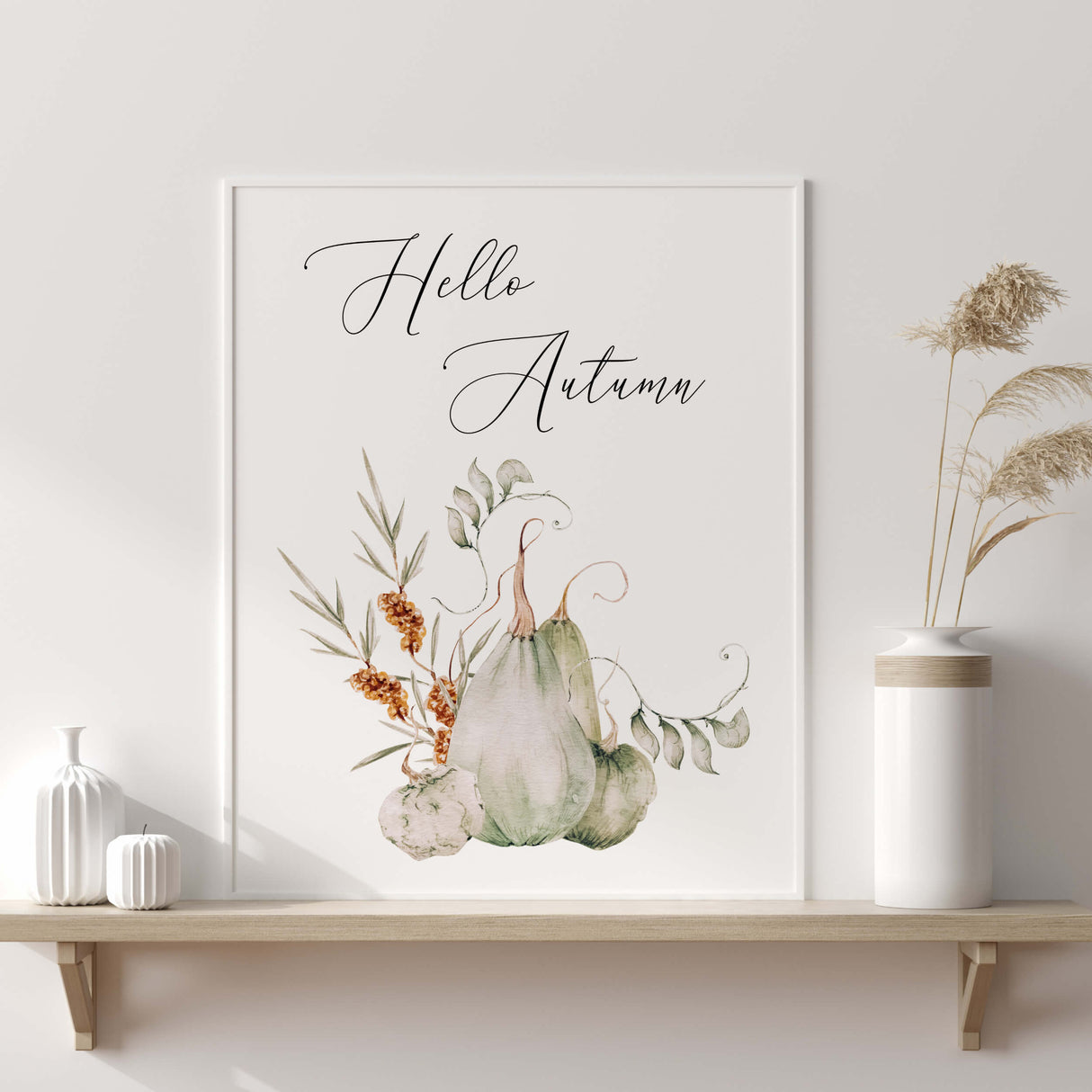 Watercolor sage green fall print with pumpkin and hello autumn quote for autumn home decor.