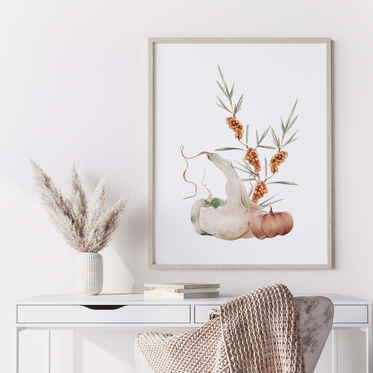 Watercolor pastel fall printable with pumpkins, flower and hello autumn quote for autumn home decor.