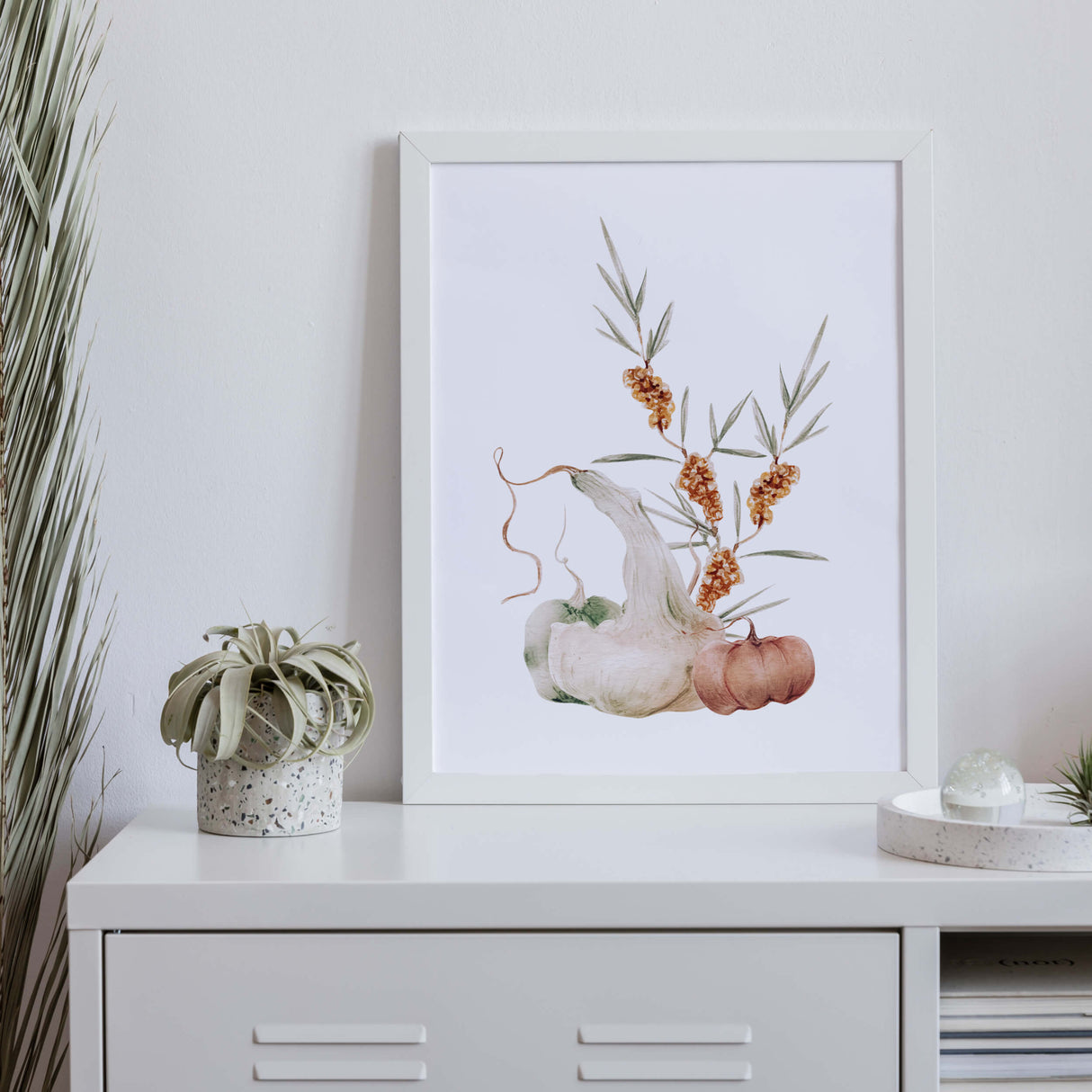 Watercolor pastel fall printable with pumpkins, flower for autumn home decor.