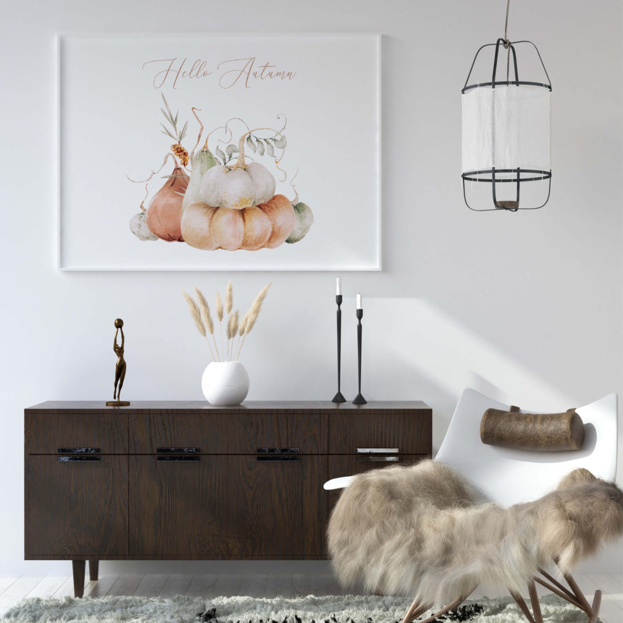 Watercolor pumpkin poster with hello autumn quote and white, green, orange pumpkin for neutral autumn home decor.