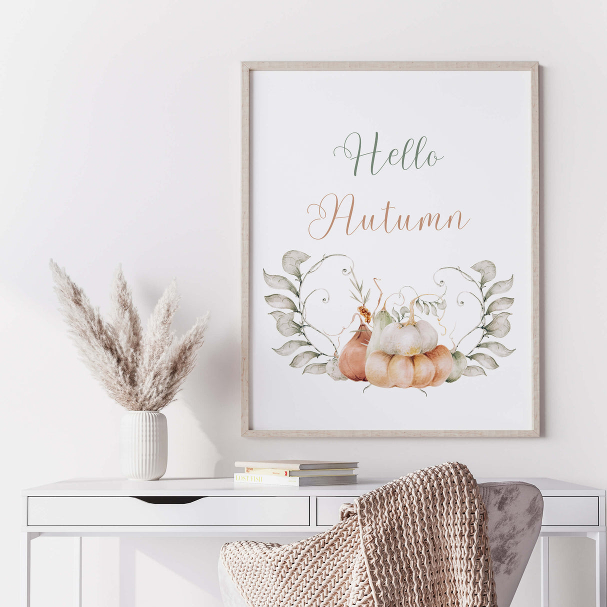 Watercolor pastel fall print with hello autumn quote for autumn home decor.