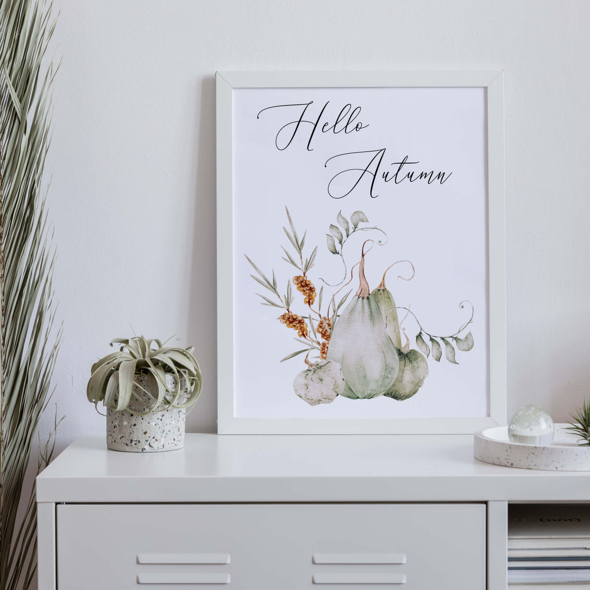 Watercolor sage green fall print with pumpkin and hello autumn quote for autumn home decor.
