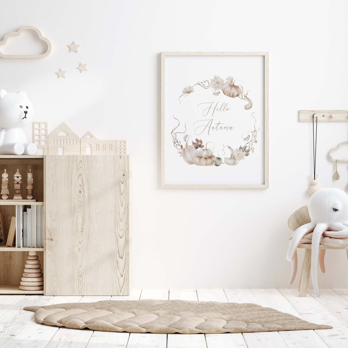 Watercolor beige pumpkin wreath print with hello autumn quote for neutral autumn home decor.