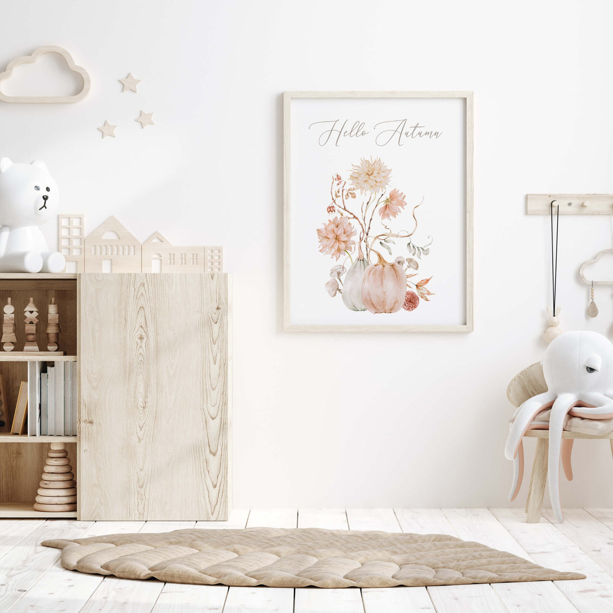 Watercolor fall print with white, peach, pink pumpkin, flowers and hello autumn quote for neutral autumn nursery decor.