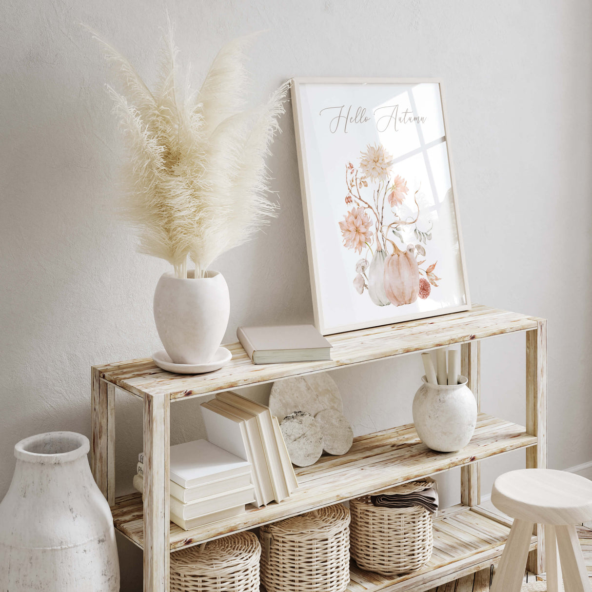 Watercolor fall print with white, peach, pink pumpkin, flowers and hello autumn quote for neutral autumn decor.