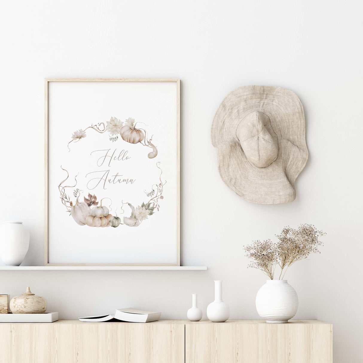 Watercolor beige pumpkin wreath print with hello autumn quote for neutral autumn home decor.