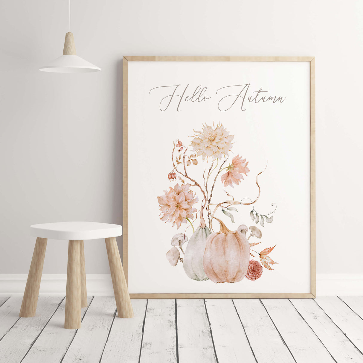 Watercolor fall poster with white, peach, pink pumpkin, flowers and hello autumn quote for neutral autumn decor.